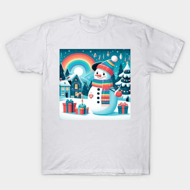 Cute snowman in a cozy town T-Shirt by Flor Volcanica